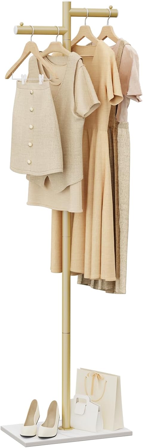 Free-standing Metal Coat Racks, Modern Garment Rack, Z-shaped Coat Tree with Natural Rock Base, for Bedroom, Office, Hallway, Entryway, Living Room, 175cm, Gold