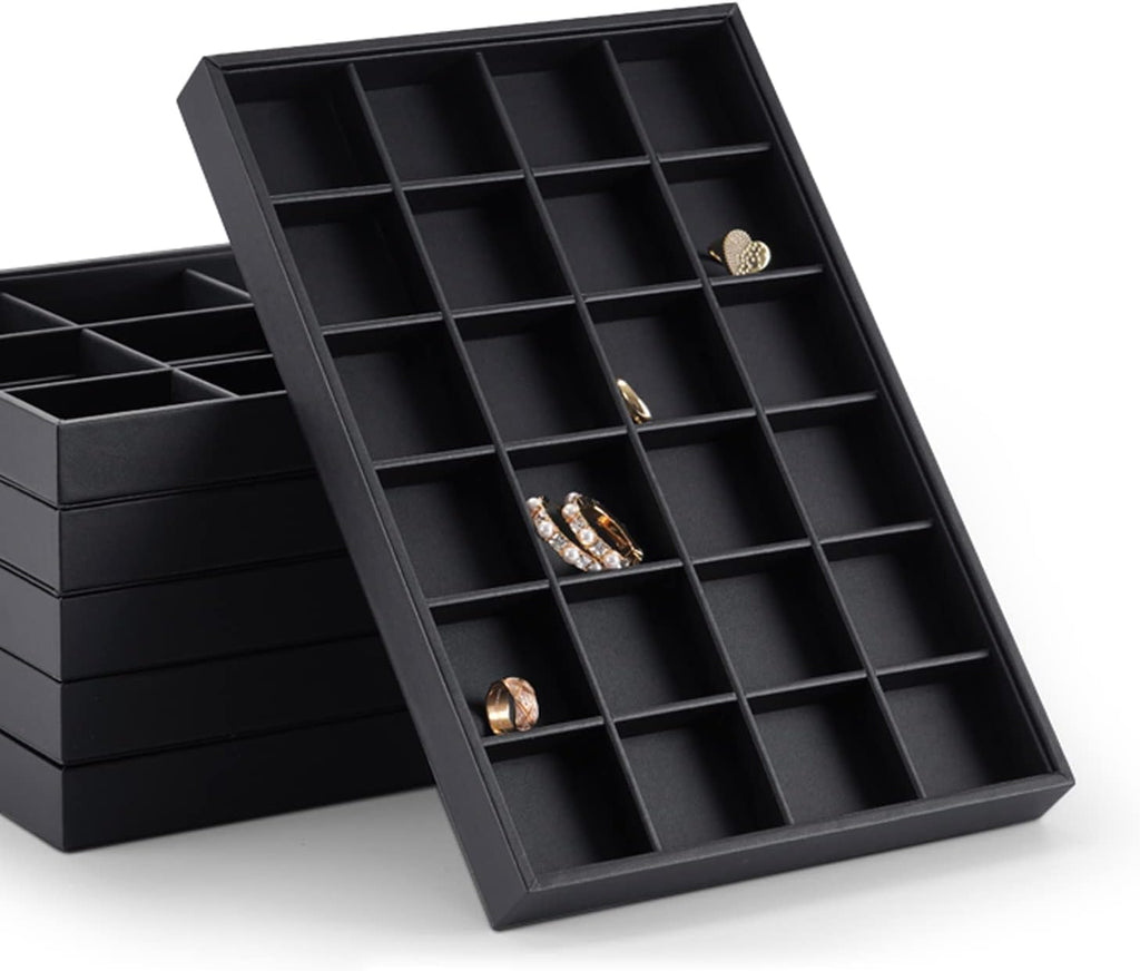 Stackable Jewelry Organizer Tray Premium PU Leather 24 Grid Jewelry Display Tray Trinket Earring Ring Organizer