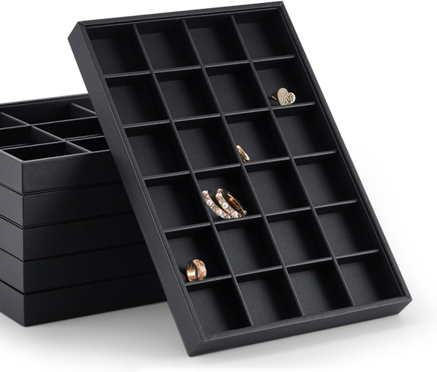 Stackable Jewelry Organizer Tray Premium PU Leather 24 Grid Jewelry Display Tray Trinket Earring Ring Organizer