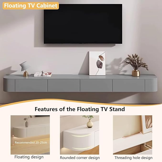 Floating TV Stand with Drawers, Pre-Assembled Wall Mounted TV Console, Modern Floating Media Console for Living Room, Space-Saving Floating TV Cabinet (Gray, 63in/160cm)