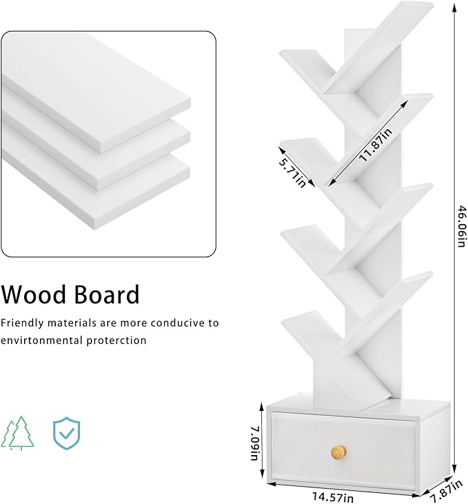 8 Tier Tree Bookshelf with Drawer, Free Standing Wood Bookcase for Living Roo...