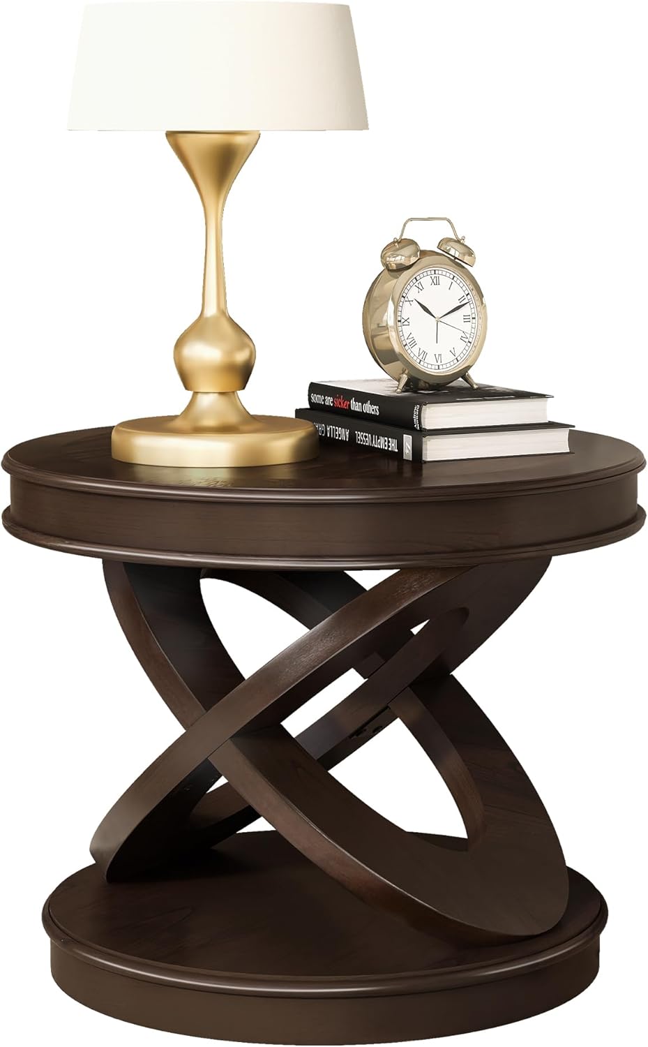 Retro Round Wooden End Table, Sofa Side Table with X-Shape Base for Living Room