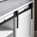 Haotian Industrial Style Shoe Storage Bench, Entryway Hallway Shoe Cabinet, Sliding Barn Doors, Drawer & Padded Seat Cushion, Rustic Window Bench for Mudroom (White) FSR198-W