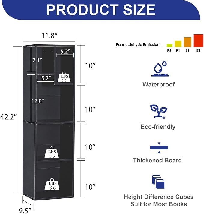 VECELO Small Bookshelf, 5 Cube Slim Bookcase, Fits Tallest Hardcovers, Horizontal Available, Modern Floor Standing Unit, Each Shelf Hold Up to 66 LBS, Matte Black