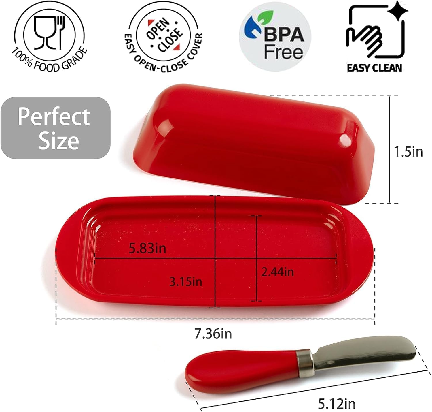 Butter Dish with Lid and Knife, Durable Countertop & Fridge Butter Keeper, BPA-Free Melamine Butter Container, Dishwasher Safe, Fits East/West Coast Butter Sticks (Red)
