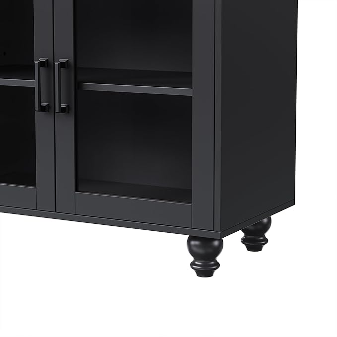 Ball & Cast Farmhouse TV Stand with Tempered Glass Doors for TVs up to 70",Sideboard Buffet w/5 Solid Wood Gourd-Shaped Legs & Adjustable Shelf,Entertainment Center for Living Room,Black+Natural