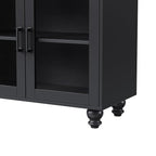 Ball & Cast Farmhouse TV Stand with Tempered Glass Doors for TVs up to 70",Sideboard Buffet w/5 Solid Wood Gourd-Shaped Legs & Adjustable Shelf,Entertainment Center for Living Room,Black+Natural