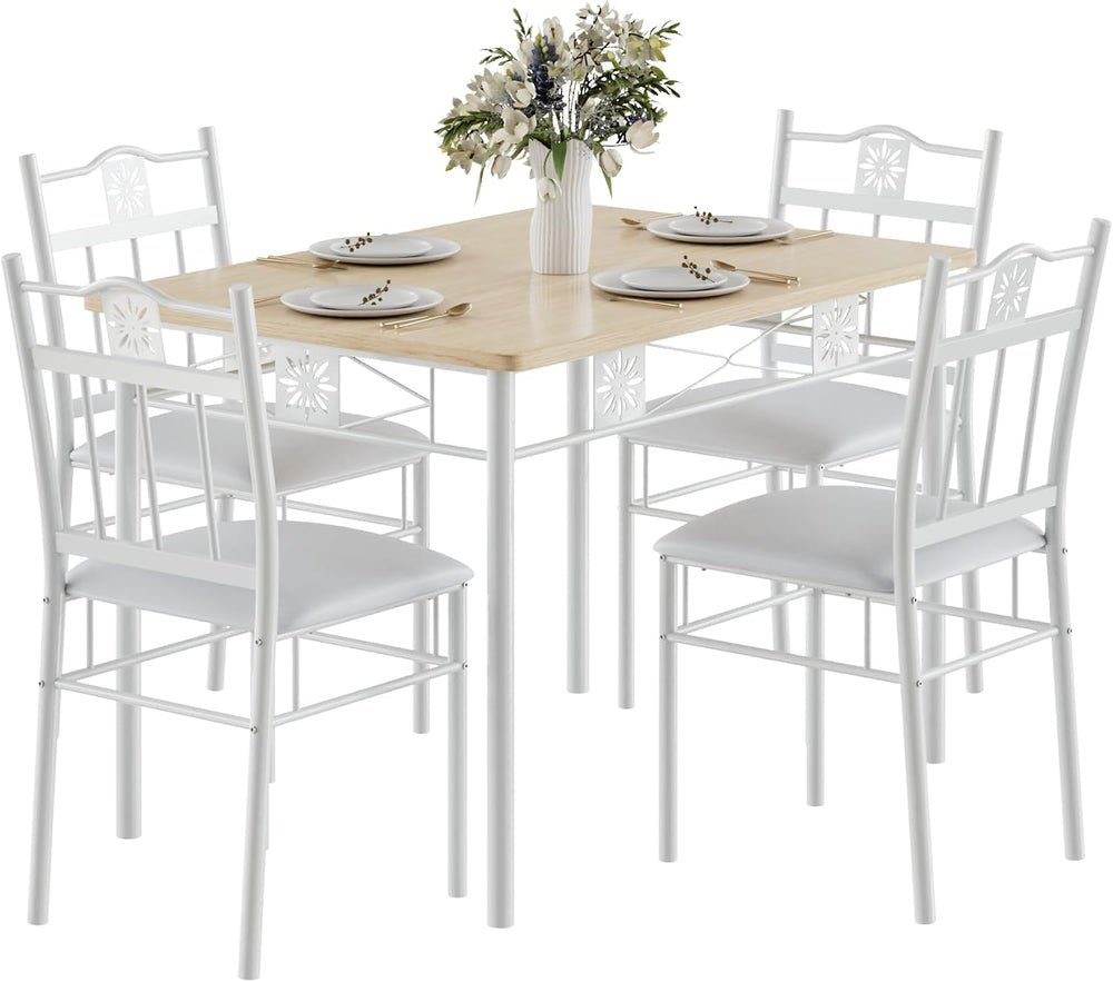 VECELO Dining Table Set for 4, 5-Piece Wood Kitchen Table with Upholstered Pa...