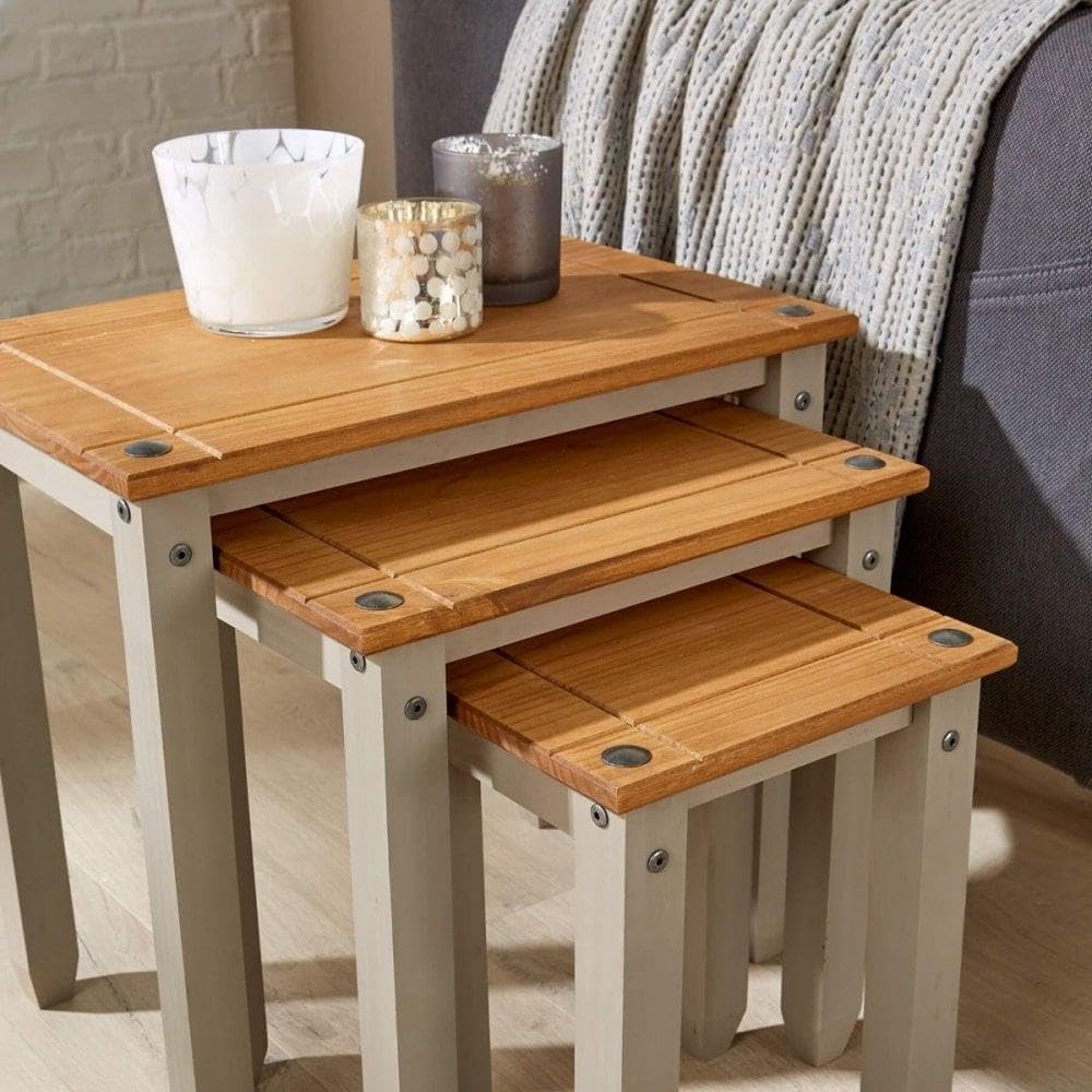 Home Source Solid Pine Wood Nest of Tables, Set of 3 for Living Room, Grey Fi...