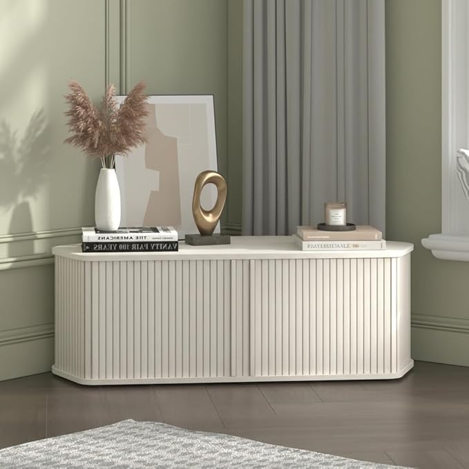 Corner TV Stand 43 Inch, Mid Century Corner Entertainment Center with Sliding Tambour Door, Media Console Table with 2 Layers Storage, Fluted TV Stand for Living Room, Bedroom, Off White