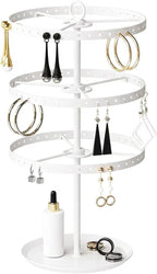 3 Tiers Metal Rotating Earring Holder Organizer Stand Adjustable Display Tree, 126 Holes Large Carousel Rack for Stud Hoop Pierced Dangling Women Girls, Perfect View for All Earrings (White)
