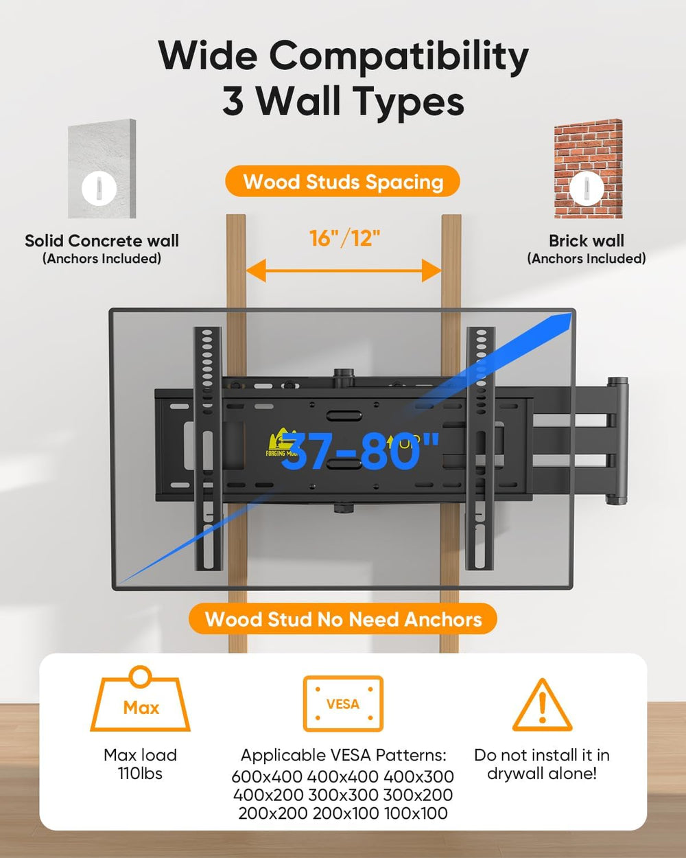 FORGING MOUNT Long Arm TV Wall Mount with Power Strip for 42–80 inch TVs | Fu...