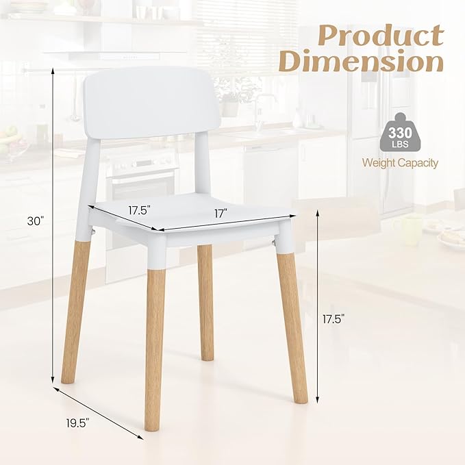 Giantex Modern Dining Chairs Set of 4, Plastic Dining Side Chair Set w/Sturdy Wooden Legs, Wide Seat & Ergonomic Backrest, Armless Kitchen Chairs for Dining Room Living Room Restaurant Cafe (White)