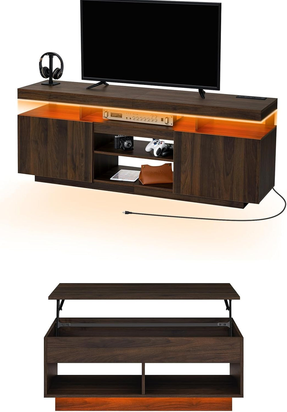 HOMMPA Modern Industrial TV Stand and Coffee Table Set of 2, LED Entertainmen...