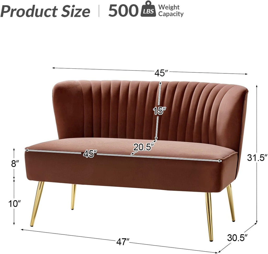 TINA'S HOME Mid-Century Velvet Loveseat Sofa, Upholstered Loveseat Couch with Golden Metal Legs, Small Tufted 2-Seat Sofa Armless Love Seat for Living Room Bedroom, Burn Brick