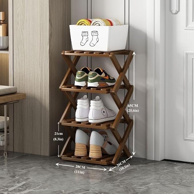 Shoe Rack, Bamboo Foldable Shoes Organizer Free Standing Shelf for Entryway, Closet, Bedroom, Hallway, | Natural | Functional | Multifunctional Shoe Rack (Wood Color) 4 Layers