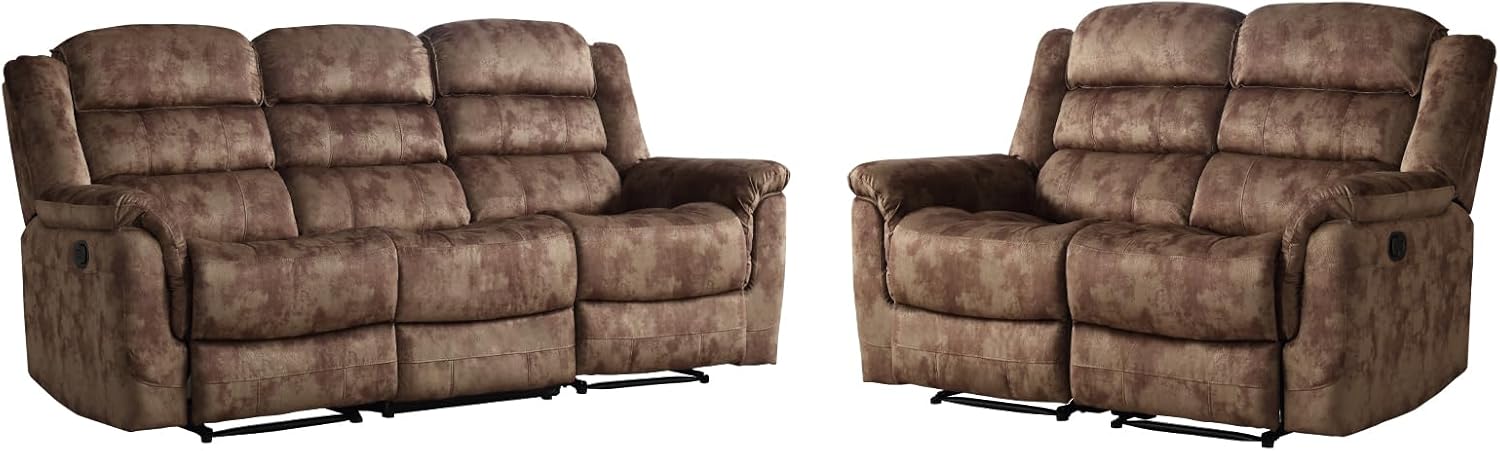 2 Pieces Reclining Couch Furniture Set, Overstuffed Reclining Loveseat Couch and Wide 3PC Bonded Recliner Sofa Set for Living Room, Brown