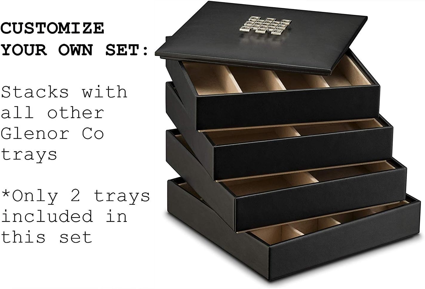 Glenor Co Jewelry Organizer Tray - Set of 2 - Stackable 8 Square Slot Jewelry Storage Trays - Display on Dresser or Drawer - Compatible with other trays - Black