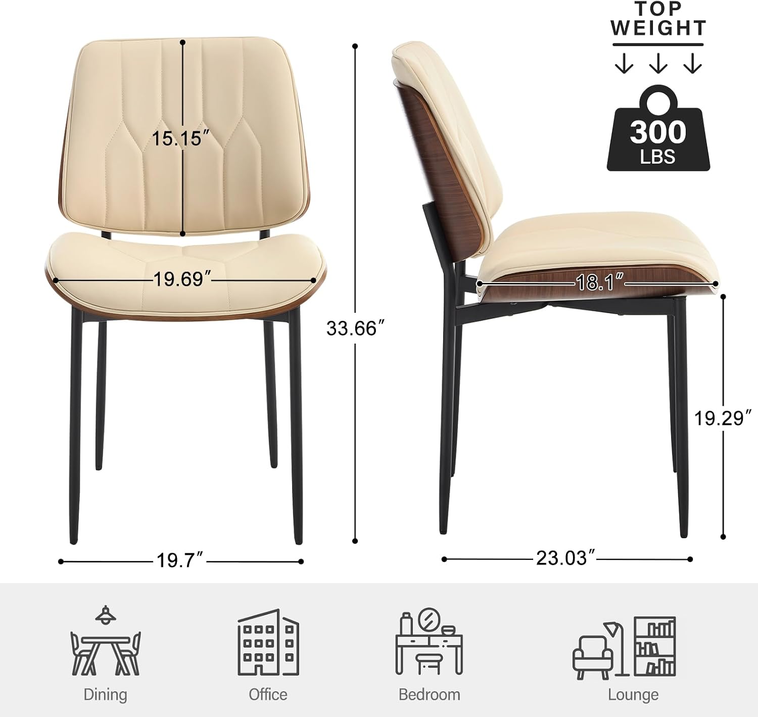 Mid Century Walnut Bentwood Armless Kitchen Dining Chairs Set of 4, Beige | PU leather seat with curved walnut bentwood back & metal legs, armless design, ideal for dining room, kitchen, or cafeteria