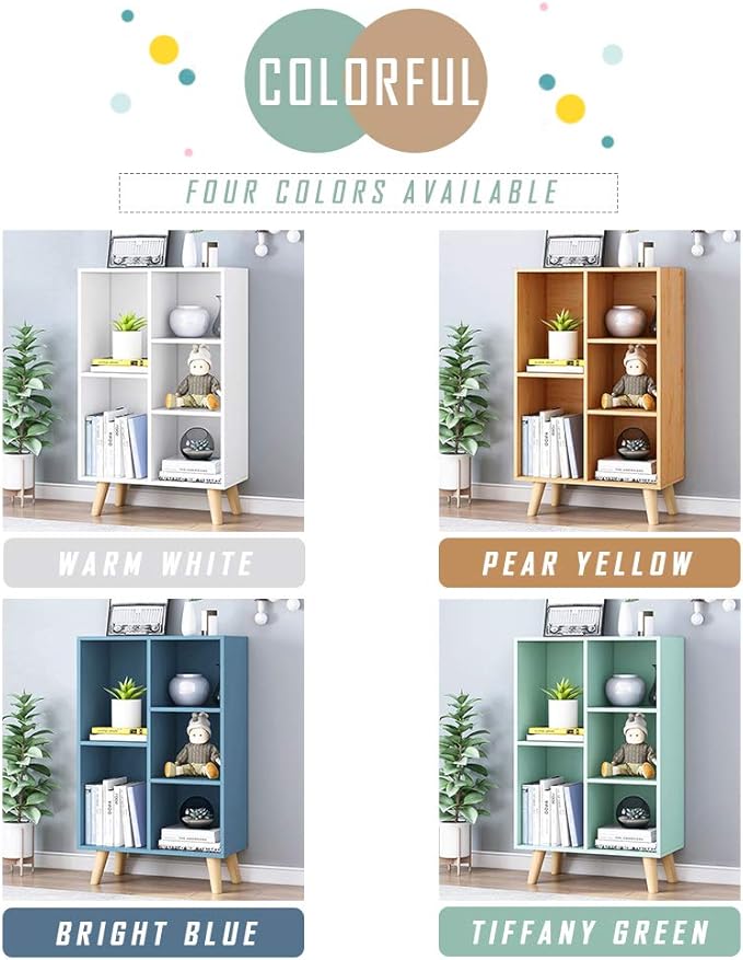 IOTXY Wooden Open Shelf Bookcase - 3-Tier Floor Standing Display Cabinet Rack with Legs, 5 Cubes Bookshelf, Bright Blue