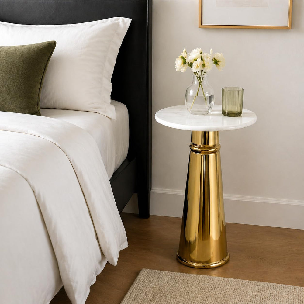 Gold Side Table with White Marble Top | Decorative Modern End Table | Pedesta...