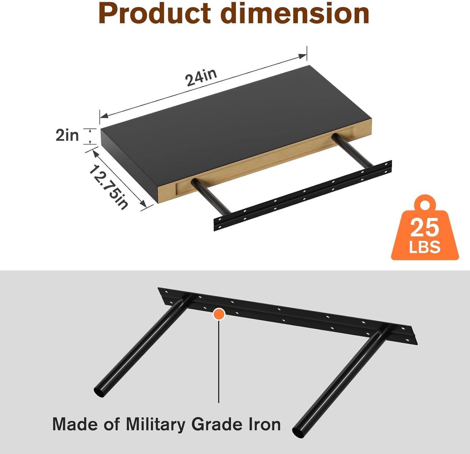 Floating Shelf, Set of 3 Wall Shelf, 24 in W x 12.75 in D x 2 in H Wooden Floating Wall Shelf with Invisible Brackets for Living Room/Bedroom/Bathroom/Kitchen Storage and Decor, Black