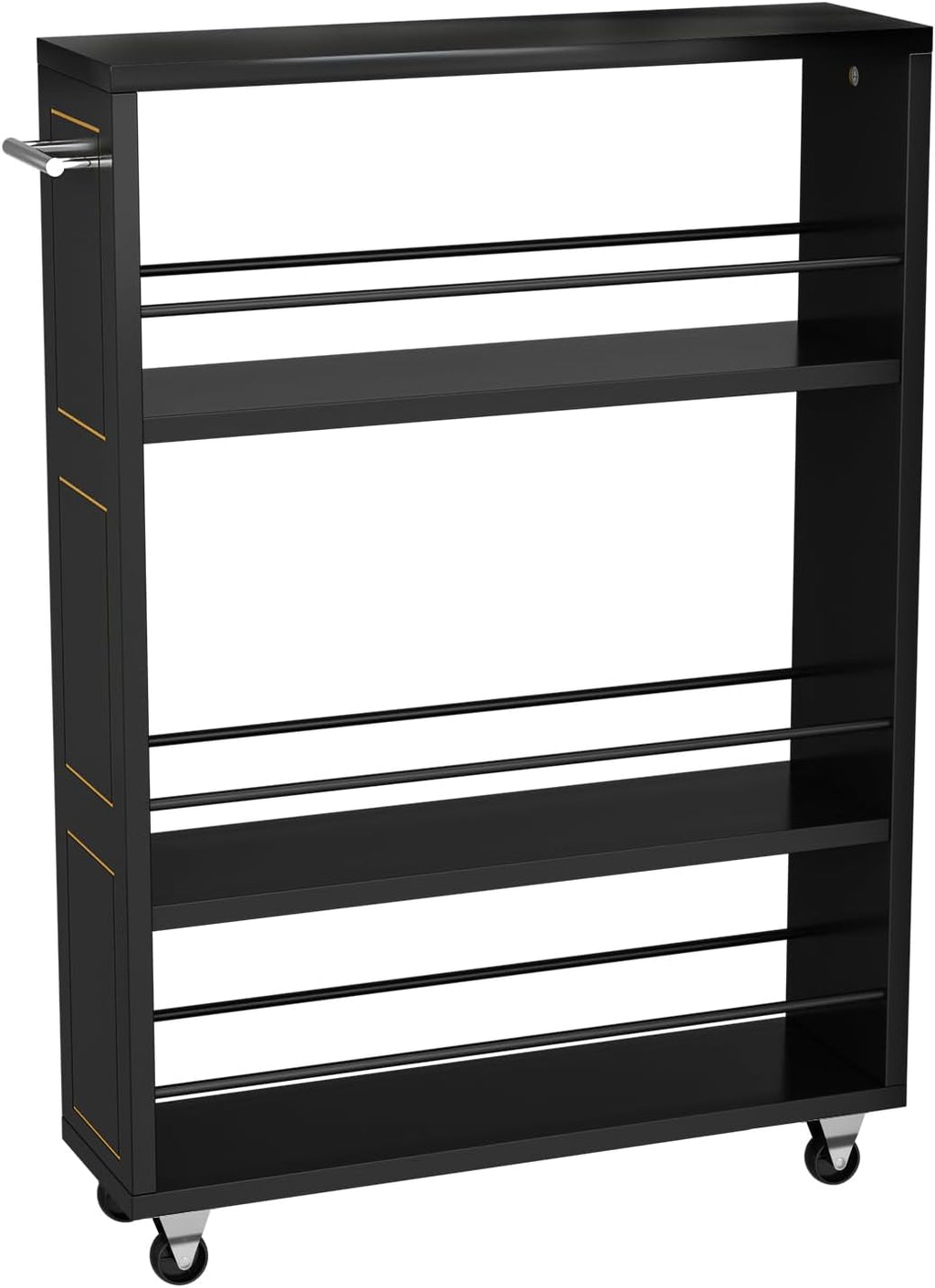 KLM 4 Tier Black Slim Storage Cart with Handle, Slide Out Storage Rolling Utility Cart for Kitchen, Laundry, Narrow Places-6.7" W