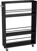 KLM 4 Tier Black Slim Storage Cart with Handle, Slide Out Storage Rolling Utility Cart for Kitchen, Laundry, Narrow Places-6.7" W
