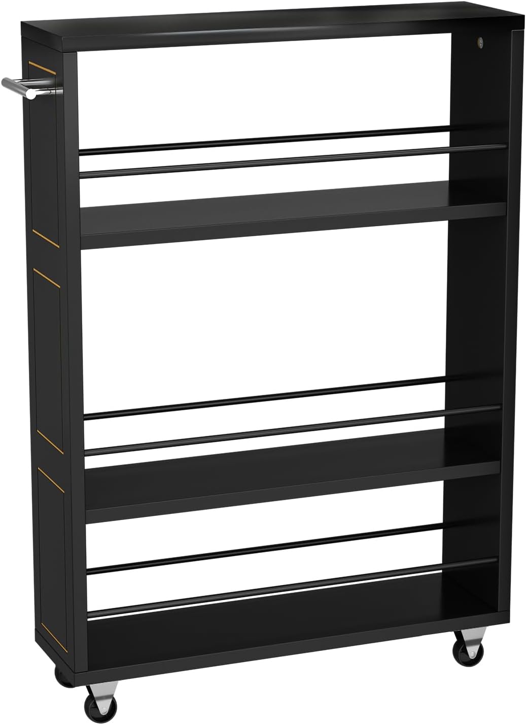 KLM 4 Tier Black Slim Storage Cart with Handle, Slide Out Storage Rolling Utility Cart for Kitchen, Laundry, Narrow Places-6.7" W