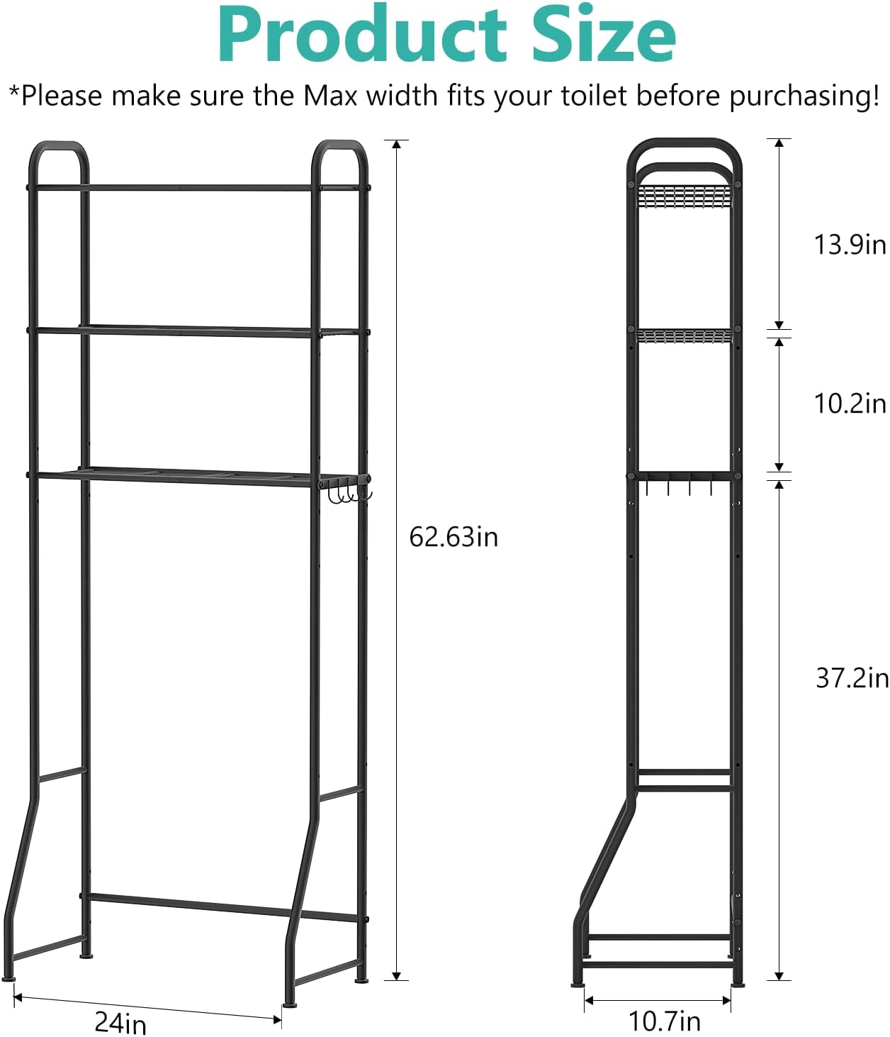 ASHLEYRIVER Over The Toilet Storage Rack, 3-Tier Storage Rack Toilet Adjustable Shelf Rack with Hooks & Roll Holder,Steel Black