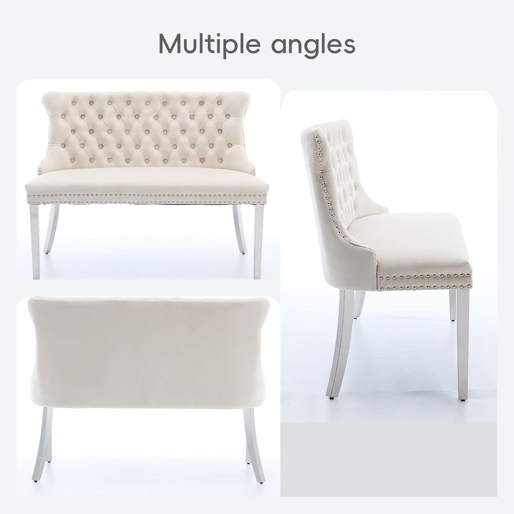 Beige Velvet Dining Bench, Tufted Upholstered Dining Loveseat | Wing Back Sea...