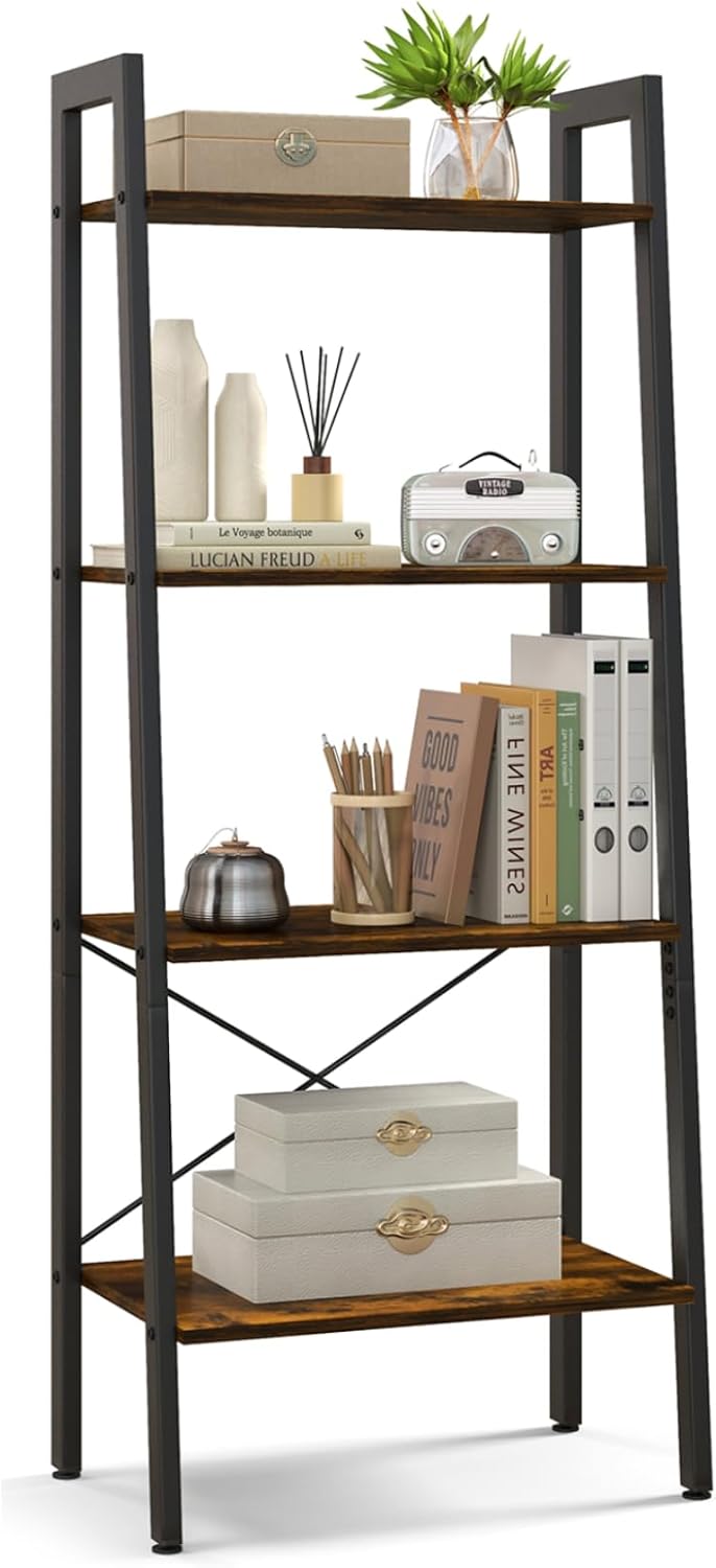 Vintage Ladder Shelf, 4/6 Tiers Wooden Industrial Storage Rack with Adjustable Footpads, Home Office Display Bookshelf Plant Stand for Living Room Bedroom (56 x 32 x 138 cm, Rustic Brown)
