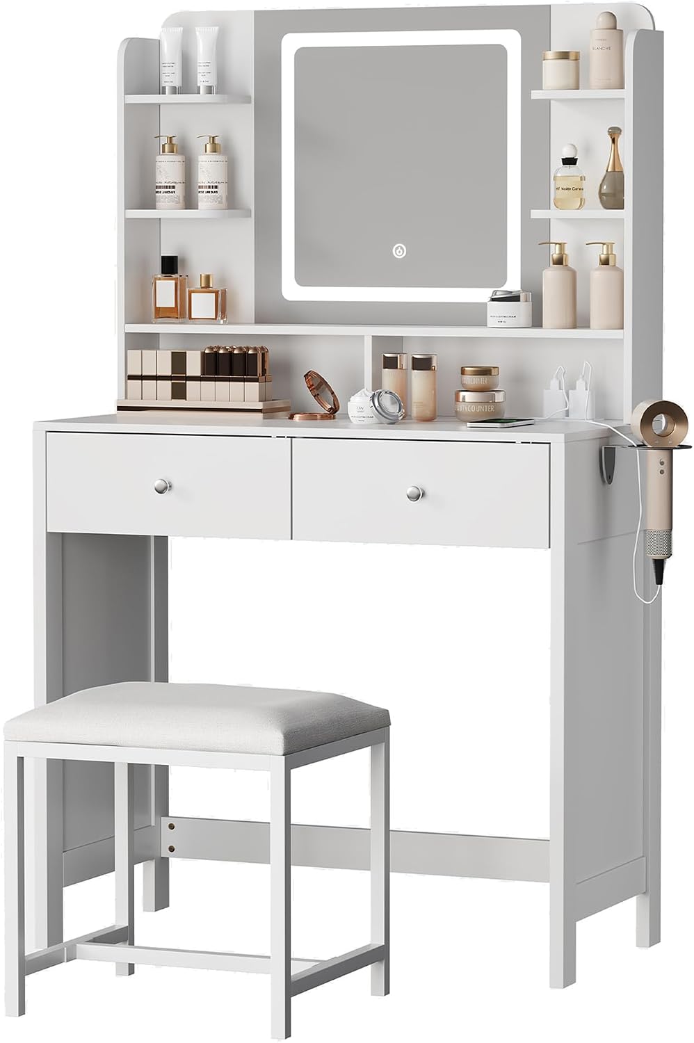 Vanity Desk with Lighted Mirror, Stool and Large Storage Space | Small Vanity...