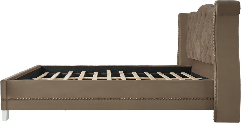 Merax Brown King Size Velvet Upholstered Bed Frame with Thick Tufted Wingback...