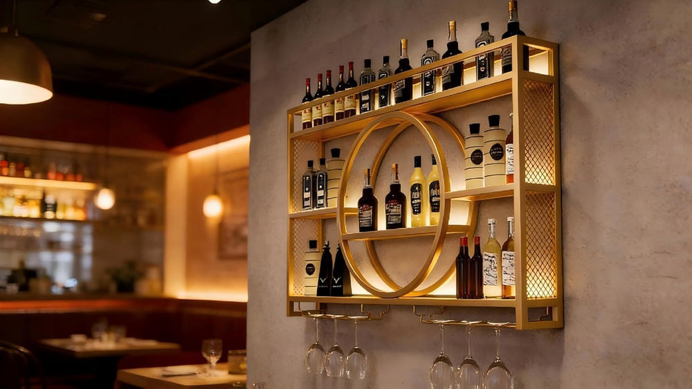 47.2" Wall Mounted Wine Rack with LED Light and Glass Holder | Industria...