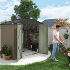 Flamaker 6x8 FT Storage Shed Waterproof Metal Garden Shed with Lockable Door Utility Tool Shed Outdoor Storage for Backyard, Patio and Lawn, Brown