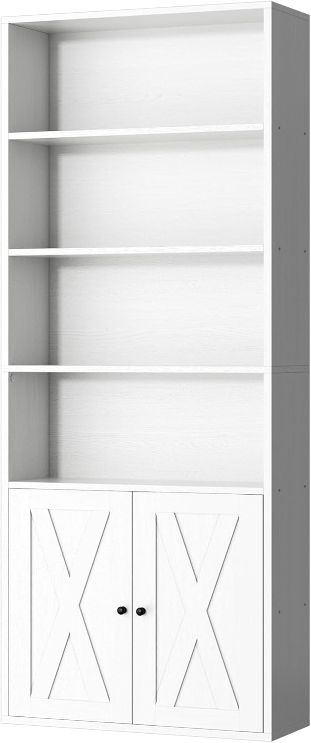 Shintenchi 6 Tier Bookshelf with Doors, Tall Standing Bookcase