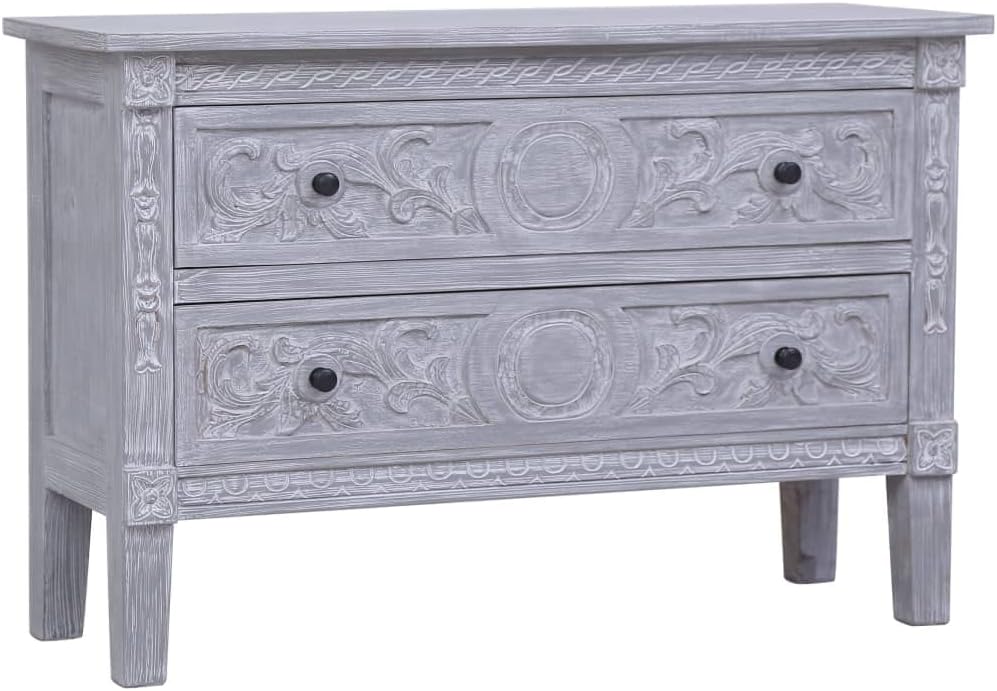 Mid-Century Modern Sideboard with Grey Wash Finish Solid Mahogany Wood Two Drawers for Dining Room Living Room Office Storage