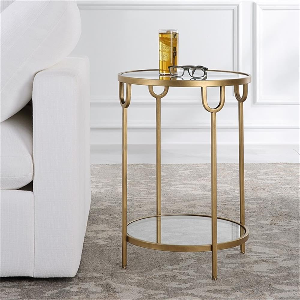 BOWERY HILL Round Two-Tier Iron Accent Table, Antique Gold Finish, Mirrored T...