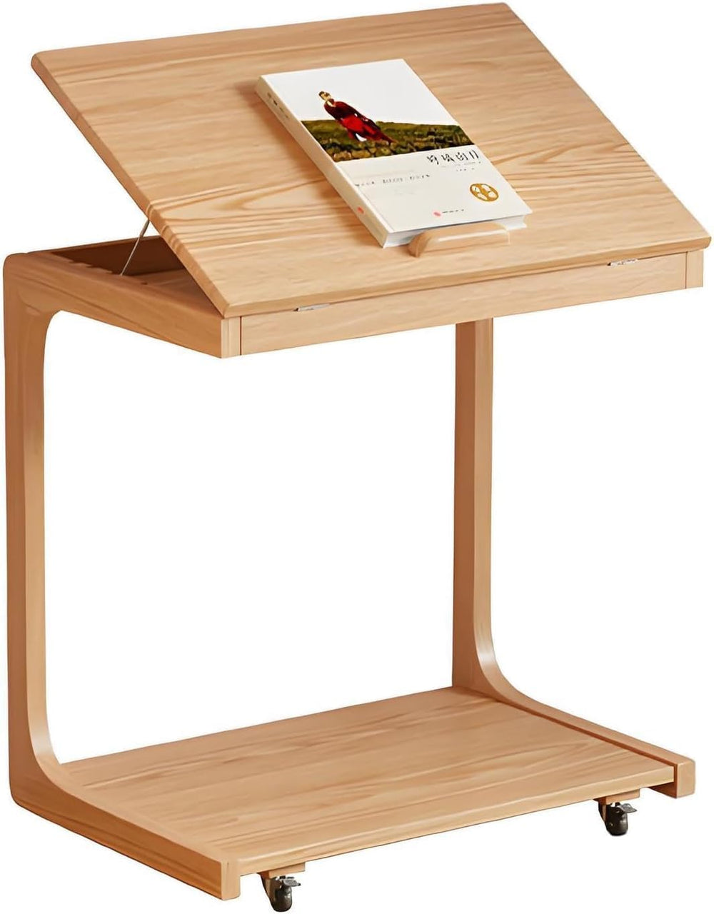 C Shaped Adjustable Solid Wood TV Tray Table with Wheels - Removable Side Tab...