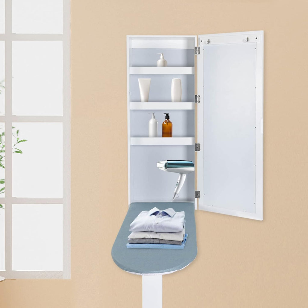 Wall Mounted Ironing Board Cabinet, Built-in Foldable Ironing Board & Folding Support Leg, Wall Ironing Boards with Mirror and 2 Hooks for Home, Apartment & Small Spaces