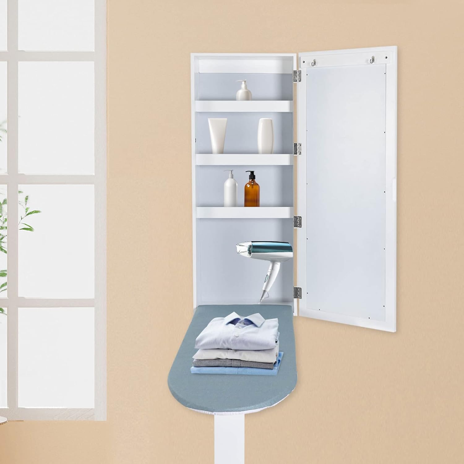 Wall Mounted Ironing Board Cabinet, Built-in Foldable Ironing Board & Folding Support Leg, Wall Ironing Boards with Mirror and 2 Hooks for Home, Apartment & Small Spaces
