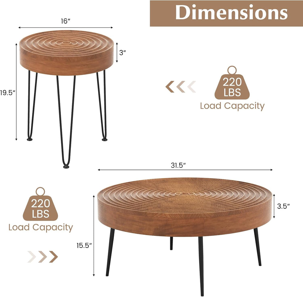 Giantex Boho Round Coffee Table Set of 2, Sofa Side Nesting Table with Solid ...