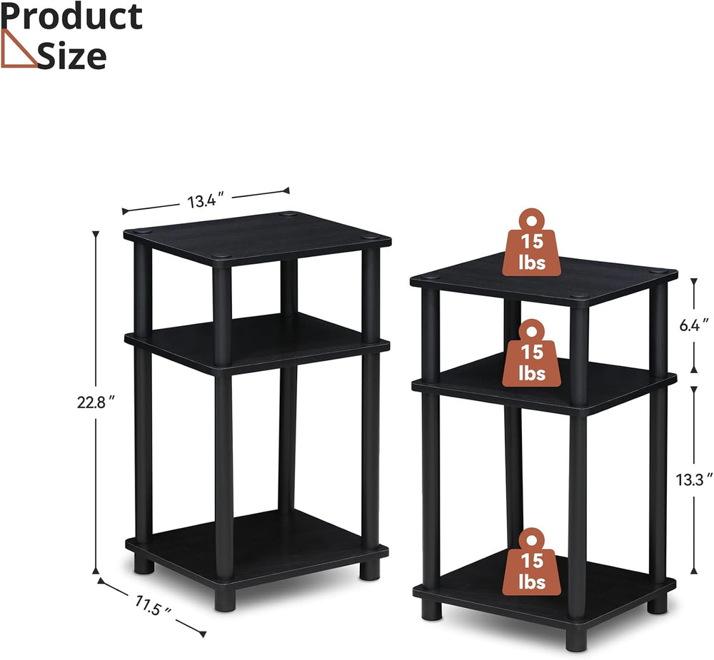 3-Tier Black End Tables Set of 2, Engineered Wood Small Side Tables with Stor...