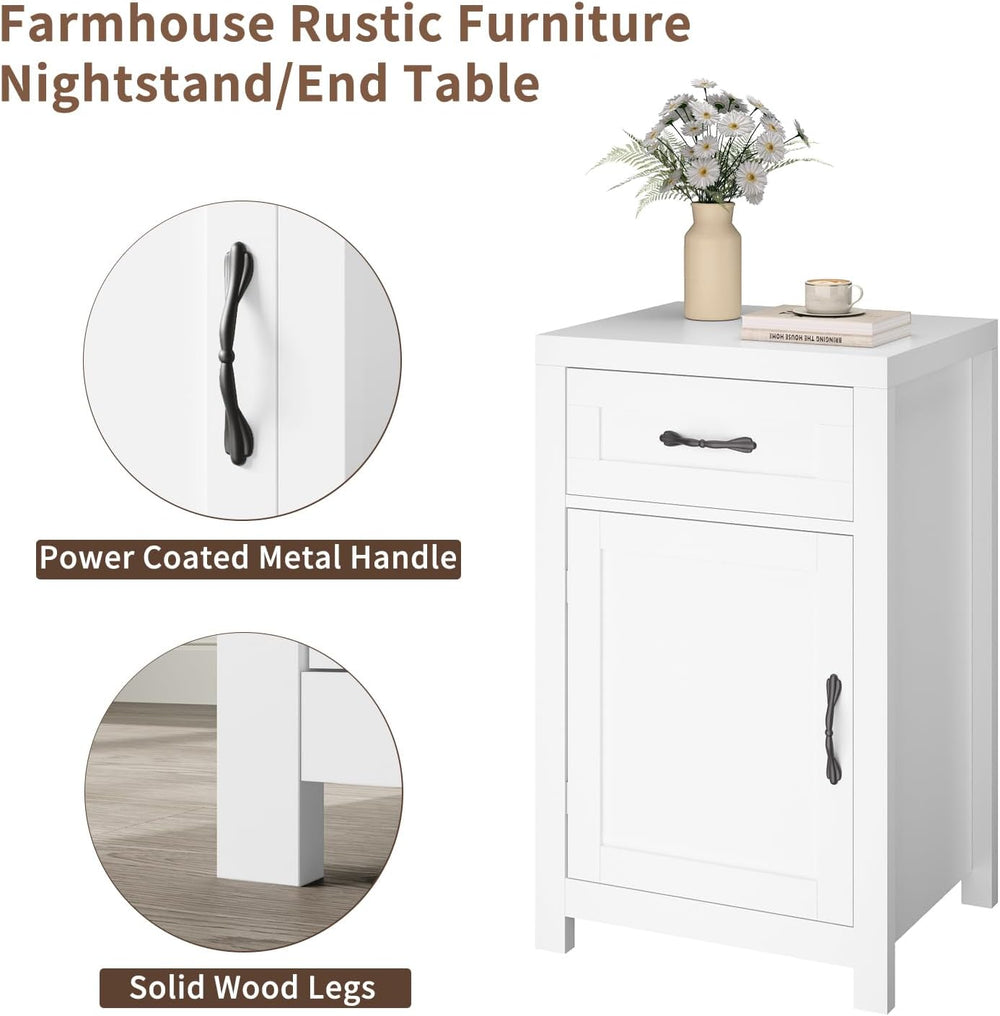 White Nightstand with Drawer, Farmhouse End Table with Storage Cabinet and Ad...