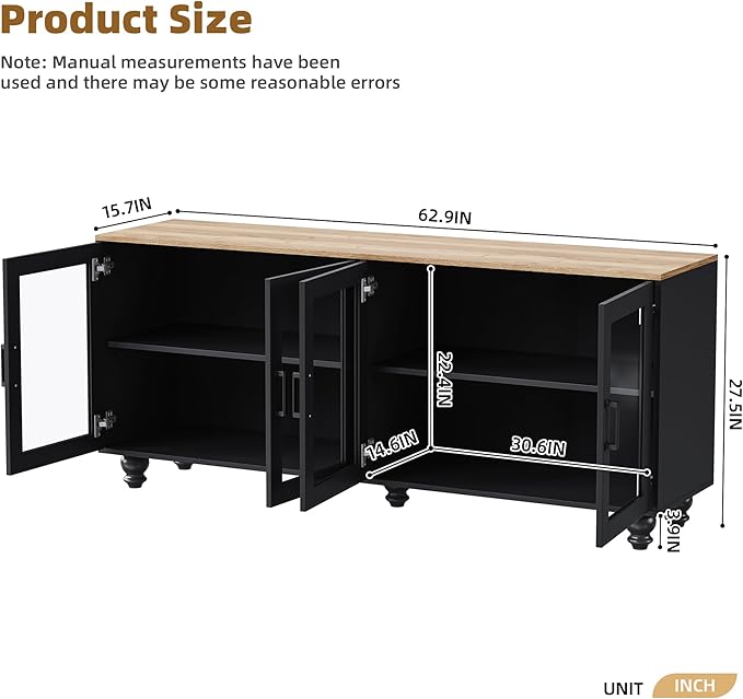 Ball & Cast Farmhouse TV Stand with Tempered Glass Doors for TVs up to 70",Sideboard Buffet w/5 Solid Wood Gourd-Shaped Legs & Adjustable Shelf,Entertainment Center for Living Room,Black+Natural