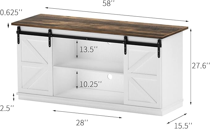 YESHOMY Farmhouse TV Stand for Televisions up to 65 Inches, Sliding Barn Doors and Storage Cabinets, Console Table and Media Furniture for Living Room, 58 Inch, Milk White