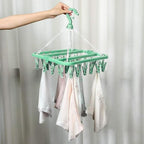 Clothes Drying Hanger with 32 Clips and Drip Foldable Hanging Rack (Light Green)
