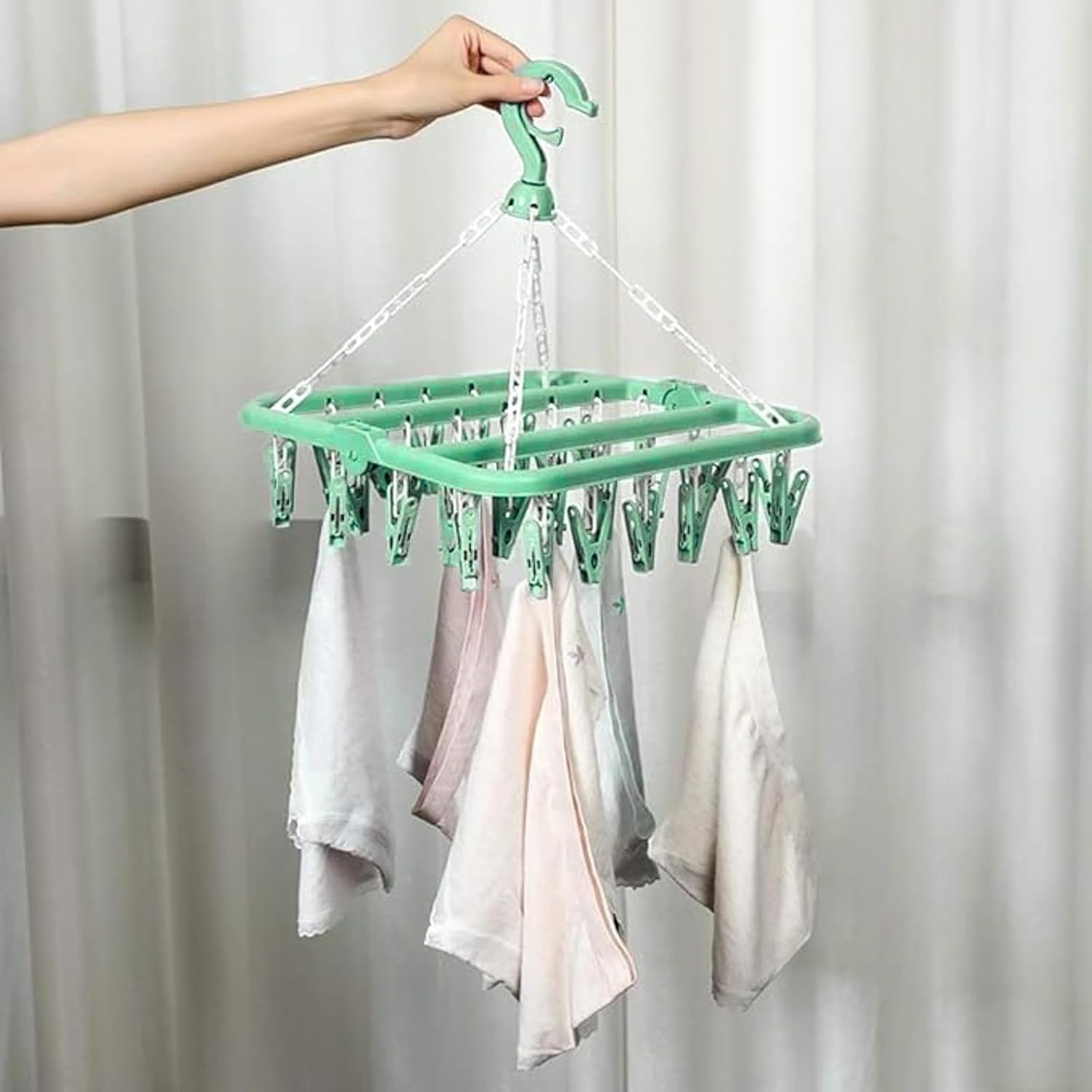Clothes Drying Hanger with 32 Clips and Drip Foldable Hanging Rack (Light Green)