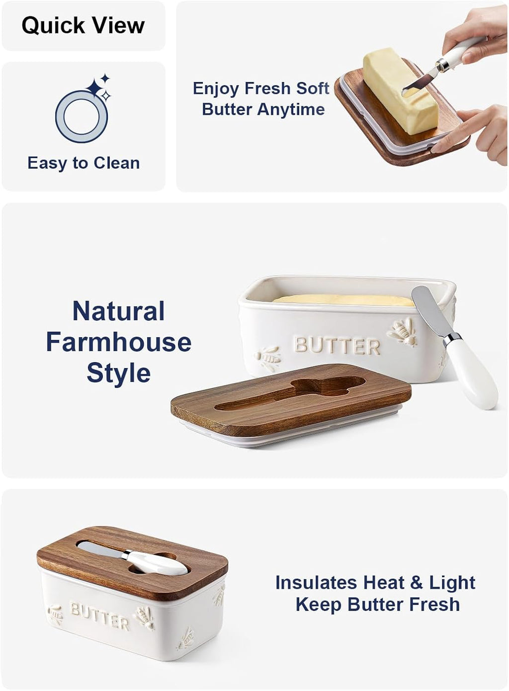 LE TAUCI Butter Dish with Lid for Countertop, Ceramic Butter Container, Embossed Butter Keeper with Acacia Wood lid, Knife, and Airtight Cover, Farmhouse Decor - Set of 1, Arctic White, Bee Pattern